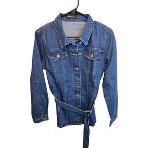 Allegra K Long Sleeve Denim Tie Waist Belt Button Up Jacket NEW Size Medium